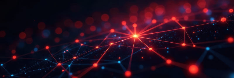 Network of connected dots with red and blue lights on a dark background